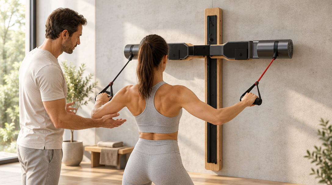 Pareja entrenando en casa con la estación de fuerza MKNPRO AM9 montada en la pared
